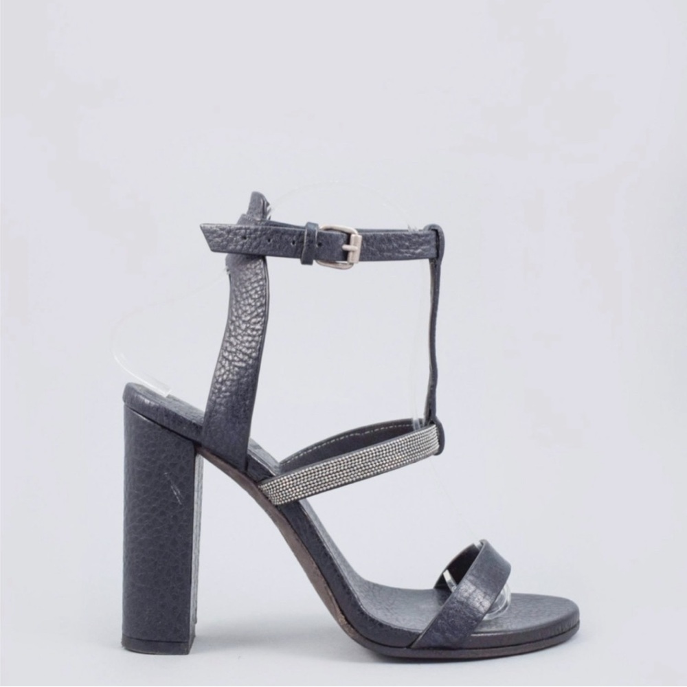 Brunello cucinelli Black leather jewelled t- strap block Heels - size 37 (38)